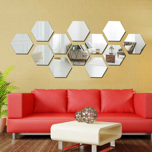 12PCs/Set DIY 3D Mirror Wall Sticker Hexagon Home Decor Mirror Decor Stickers Art Wall Bedroom Decoration Self-adhesive Stickers